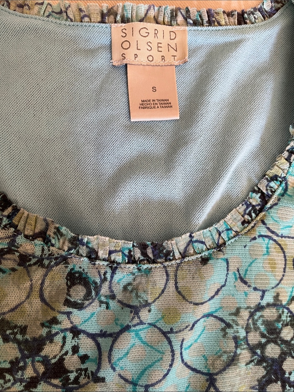Sigrid Olsen Sport Aqua and Navy Patterned Scoop Neck 3/4 sleeve top